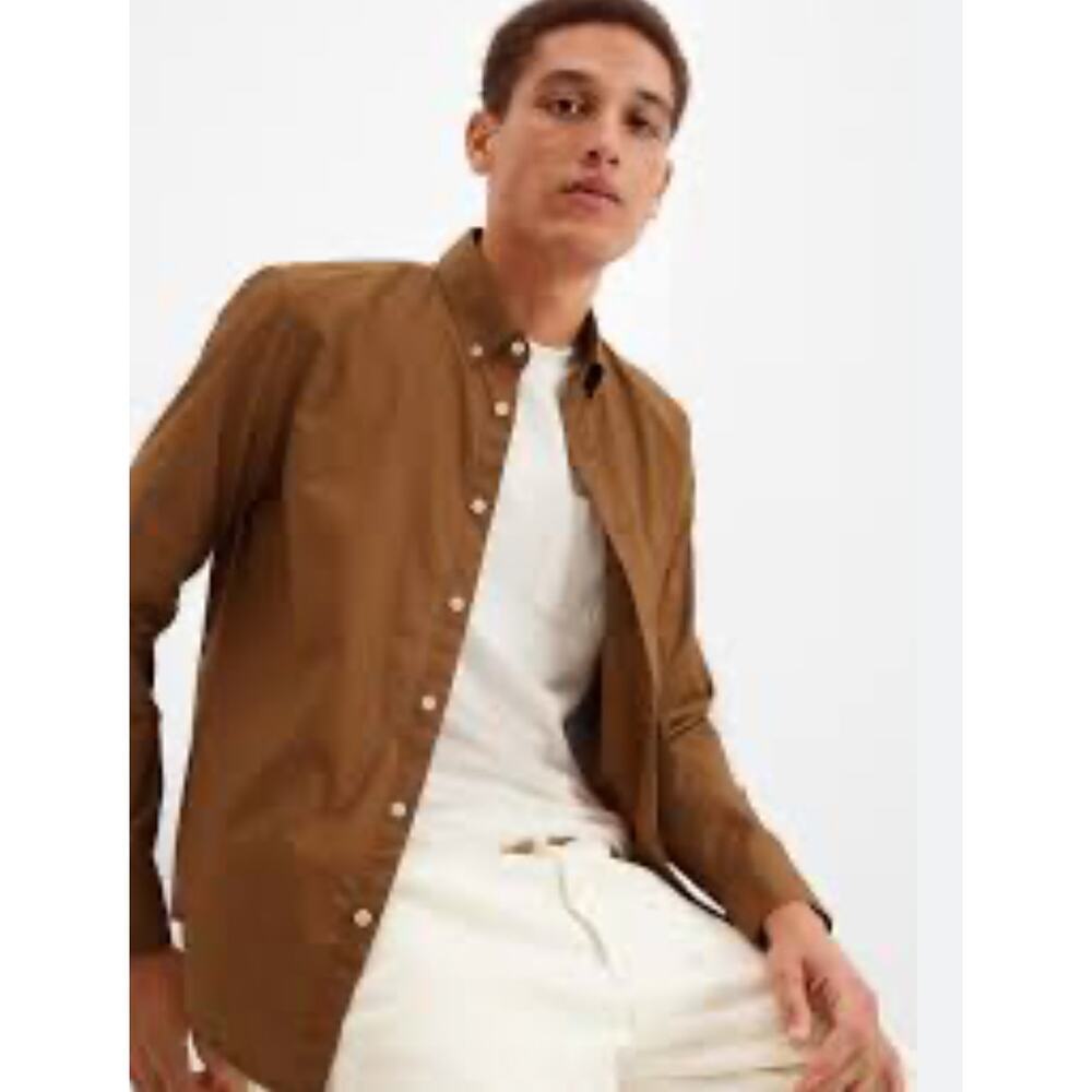 GAP Stretch Long Sleeve Collared Poplin‎ Shirt in Untucked Fit, Bright Brown XL